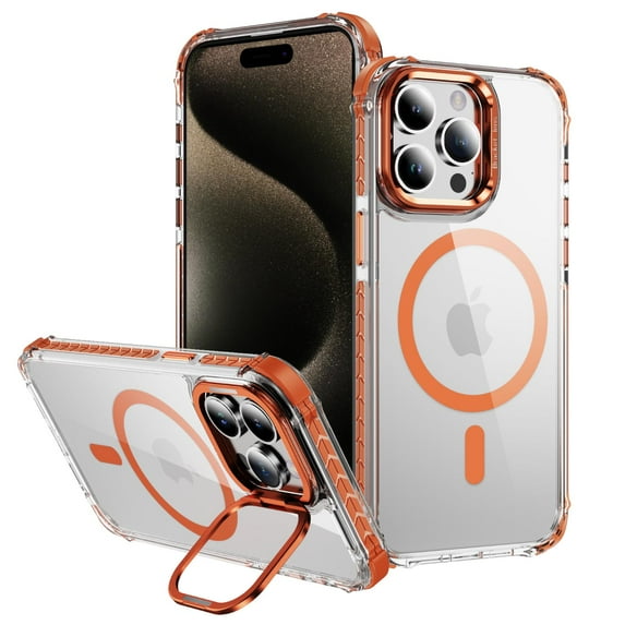 ELEHOLD for iPhone 15 Pro Max Case,Magnetic Compatible with Mag Safe Accessory Slim Thin Kickstand Shockproof Transparent Bumper Cover Non-Yellowing Shock-Absorbent Case for iPhone 15 Pro Max,Orange