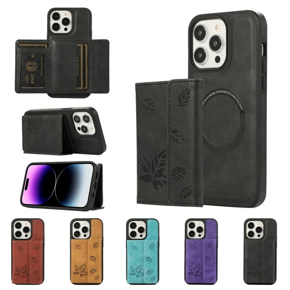 ELEHOLD for iPhone 15 Pro Max Case PU Leather 2-in-1 Multi-Functional with Magnetic Detachable Card Holder Leaf Pattern Drop Protection Shockproof Wallet Case Compatible with Mag Safe,black