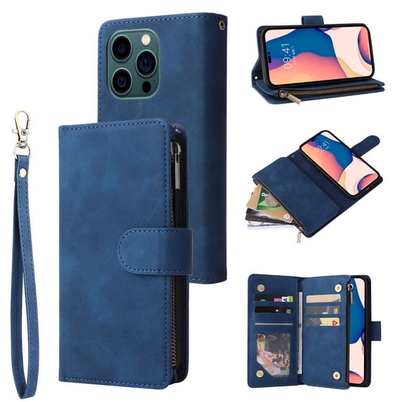 ELEHOLD for iPhone 15 Pro Max Case, PU Leather Case Magnetic Closure Handbag Zipper Pocket Kickstand Card Slots Flip Shockproof Wallet Case with Strap,Blue