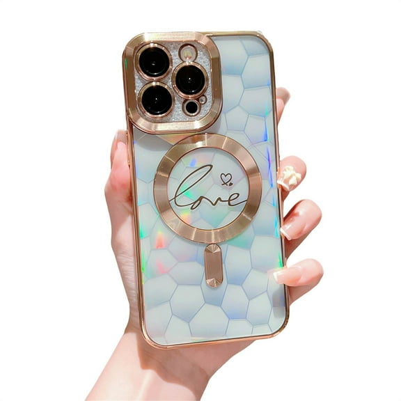 ELEHOLD for iPhone 15 Pro Max Case Plating Clear Case with Glitter Design Camera Lens Protetive Film Laser Paper Compatible with MagSafe Charging Shockproof Slim Case,gold