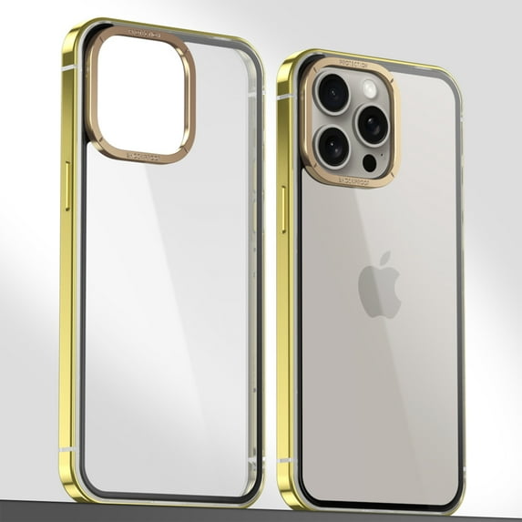 ELEHOLD for iPhone 15 Pro Max Clear Case Plating Aluminium Metal Frame Transparent Clear Cover Slim Thin Anti-Yellowing Shockproof Rugged Case for iPhone 15 Pro Max 6.7 Inch - Gold