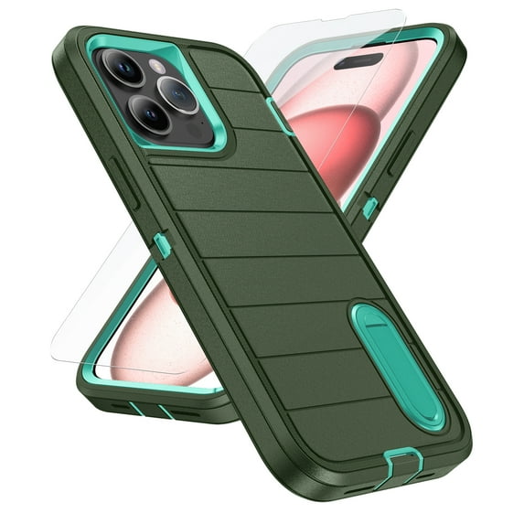 ELEHOLD for iPhone 15 Pro Max Hybrid Rugged Case with HD Screen Protector,Dual Layer Hard Protective Invisible Kickstand Non-Slip Drop-Proof Shockproof Anti-Scratches Heavy Duty Cover,Darkgreen+Mint