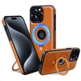 thumbnail image 1 of ELEHOLD for iPhone 15 Pro Max Magnetic Case Premium PU Leather Logo View Hollow Design Foldable Ring Holder Kickstand Support Mag Safe Charging Shockproof Cover for iPhone 15 Pro Max,brown, 1 of 6