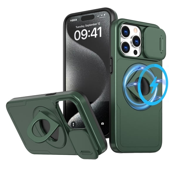 ELEHOLD for iPhone 15 Pro Max Magnetic Case,Rugged Hard PC Protective Case with Rotation Ring Holder Kickstand Sliding Camera Protector Compatible with Mag Safe for  iPhone 15 Pro Max, Darkgreen