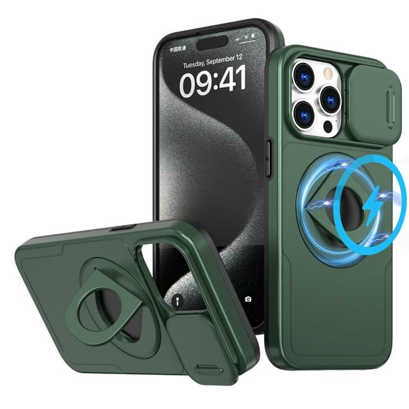 ELEHOLD for iPhone 15 Pro Max Magnetic Case,Rugged Hard PC Protective Case with Rotation Ring Holder Kickstand Sliding Camera Protector Compatible with Mag Safe for iPhone 15 Pro Max, Darkgreen
