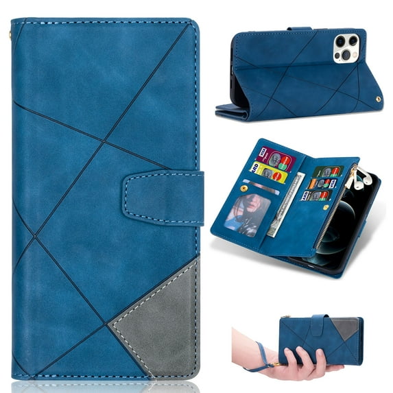 ELEHOLD for iPhone 15 Pro Max Multi-Functional Leather Wallet Case,Large Capacity 9 Card Slots Zipper Pocket Kickstand Magnetic Clasp Lanyard Shockproof Flip Case for iPhone 15 Pro Max,Blue