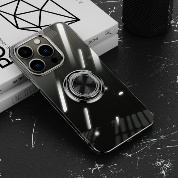 ELEHOLD for iPhone 15 Pro Max Plating Clear Case,Transparent Case with Ring Holder Kickstand Work with Magnetic Car Mount Shockproof  Protective Cover Phone Case for iPhone 15 Pro Max, Black