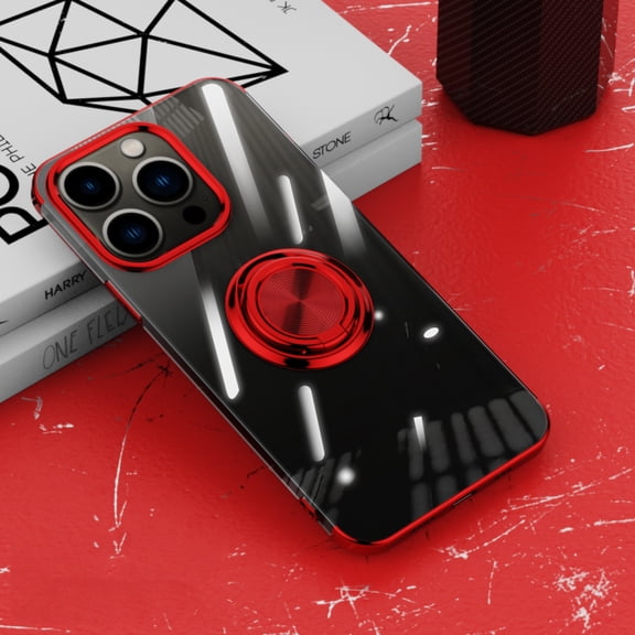 ELEHOLD for iPhone 15 Pro Max Plating Clear Case,Transparent Case with Ring Holder Kickstand Work with Magnetic Car Mount Shockproof  Protective Cover Phone Case for iPhone 15 Pro Max, Red