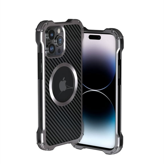 ELEHOLD for iPhone 15 Pro Max Rugged Case, Heavy Duty Aluminum Alloy Bumper Carbon Fiber Texture Armor Metal Case Shockproof Magnetic Cover MagSafe Compatible for iPhone 15 Pro Max 6.7", Gray