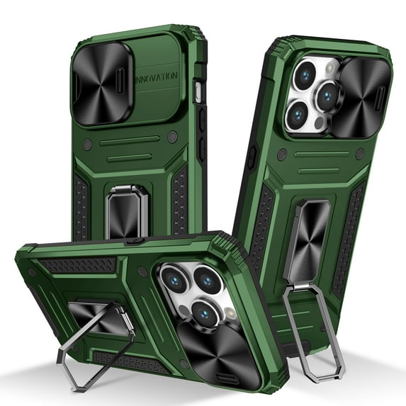 ELEHOLD for iPhone 15 Pro Max Rugged Heavy Duty Case,with Slide Camera Lens Protector Rotating Ring Holder Kickstand Work with Magnetic Car Mount Holder Shockproof Protective Armor Case,Darkgreen