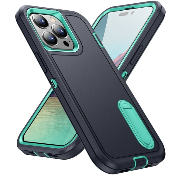 ELEHOLD for iPhone 15 Pro Max Rugged Protective Case Multi Layer Shockproof Hidden Kickstand Hybrid Silicone Hard PC Cover for iPhone 15 Pro Max,Darkblue+Mint