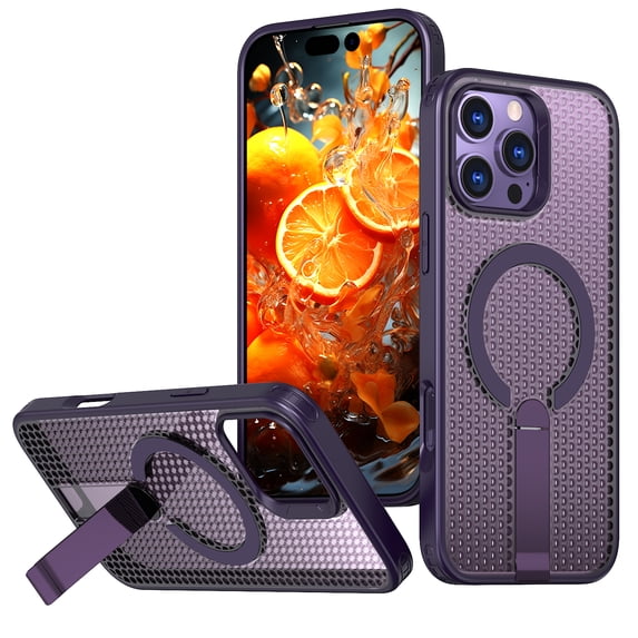 ELEHOLD For iPhone 15 Pro Max Shockproof Magnetic Rugged Case 3D Vented Design Cover, MagSafe Compatible, with Kickstand (Horizontal & Vertical Display), Purple