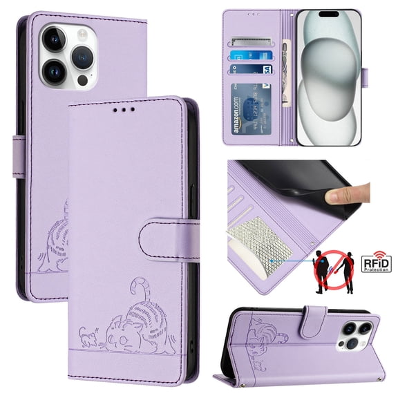 ELEHOLD for iPhone 15 Pro Max Wallet Case, Embossed Cat PU Leather RFID Blocking Credit Card Slot Kickstand Support Wireless Charging Shockproof Case with Crossbody Strap for iPhone 15 Pro Max,Purple