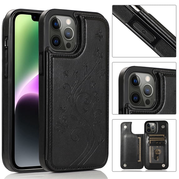 ELEHOLD for iPhone 15 Pro Max Wallet Case, Flower Embossed Pattern Magnetic Button Card Holders PU Leather Cover Kickstand Function Shockproof Protective Case for iPhone 15 Pro Max, Black
