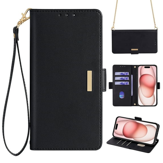 ELEHOLD for iPhone 15 Pro Max Wallet Case for Women Men with Gold Shoulder&Hand Strap Detachable Lanyard,Luxury PU Leather Kickstand Fully Shockproof Protective Case for iPhone 15 Pro Max,Black
