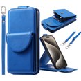 thumbnail image 1 of ELEHOLD for iPhone 15 Pro Max Wallet Crossbody Case Premium PU Leather Organ Card Slots Magnetic Closure Detachable Wrist Lanyard Shoulder Strap Flip Shockproof iPhone 15 Pro Max Cover,Blue, 1 of 10