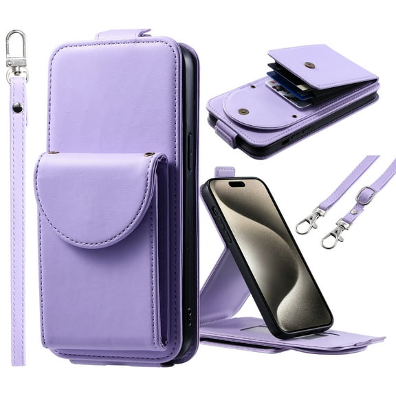 ELEHOLD for iPhone 15 Pro Max Wallet Crossbody Case Premium PU Leather Organ Card Slots Magnetic Closure Detachable Wrist Lanyard Shoulder Strap Flip Shockproof iPhone 15 Pro Max Cover,Purple