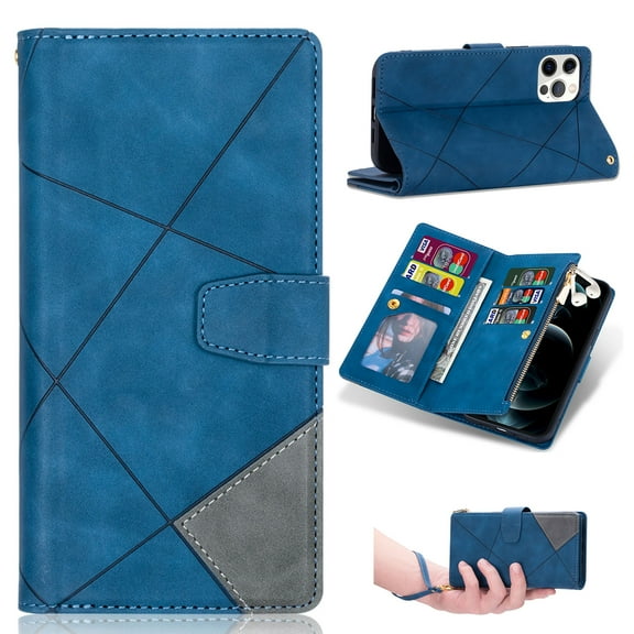 ELEHOLD for iPhone 15 Pro Multi-Functional Leather Wallet Case,Large Capacity 9 Card Slots Zipper Pocket Kickstand Magnetic Clasp Lanyard Shockproof Flip Case for iPhone 15 Pro 6.1",Blue