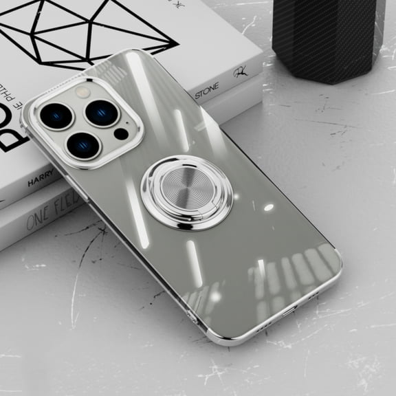 ELEHOLD for iPhone 15 Pro Plating Clear Case,Transparent Case with Ring Holder Kickstand Work with Magnetic Car Mount Shockproof  Protective Cover Phone Case for iPhone 15 Pro, Silver