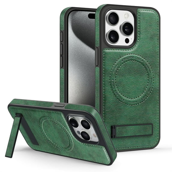 ELEHOLD for iPhone 15 Pro Premium Leather Case Strong Magnetic Compatible with Mag Safe with Foldable Invisible Kickstand Scratch-Resistant Shockproof Protective Case,darkgreen