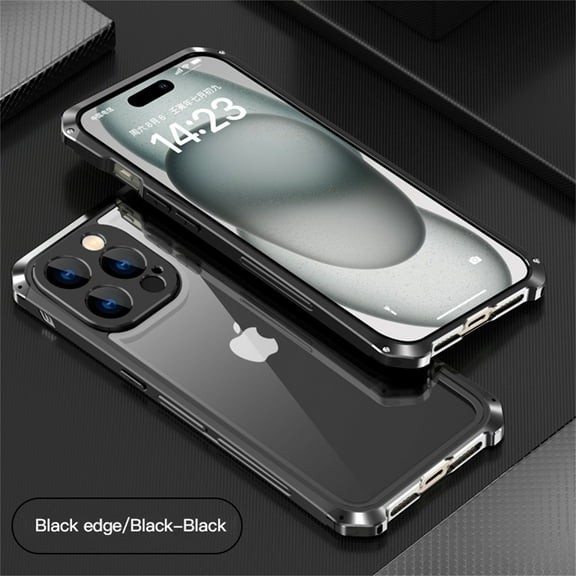 ELEHOLD for iPhone 15 Pro Rugged Case Aluminium Alloy Metal Frame Glass Back Panel Military Grade Shockproof Protection Support Wireless Charging for iPhone 15 Pro,blackblack