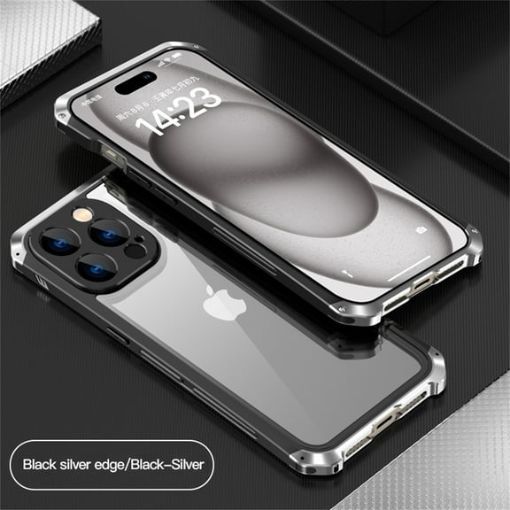 ELEHOLD for iPhone 15 Pro Rugged Case Aluminium Alloy Metal Frame Glass Back Panel Military Grade Shockproof Protection Support Wireless Charging for iPhone 15 Pro,blacksilver