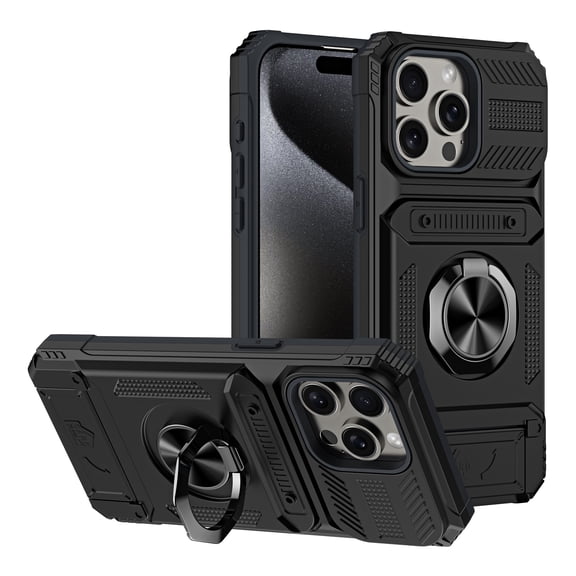 ELEHOLD for iPhone 15 Pro Rugged Hard Case with Metal Ring Holder Kickstand Work with Magnetic Car Mount Hidden Card Slot Pocket Shockproof Anti-Drop Armor Protective Cover,Black