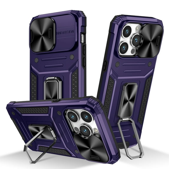 ELEHOLD for iPhone 15 Pro Rugged Heavy Duty Case,with Slide Camera Lens Protector Rotating Ring Holder Kickstand Work with Magnetic Car Mount Holder Shockproof Case for iPhone 15 Pro,Purple