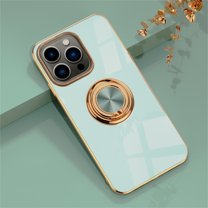 ELEHOLD for iPhone 15 Pro Slim Case Electroplating Frame Design All-inclusive Lens Protection Metal Ring Holder Stand Function Shockproof Lightweight Case for iPhone 15 Pro, Mint