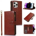 thumbnail image 1 of ELEHOLD for iPhone 15 Pro Wallet Case with 9 Card Holders Zipper Pocket Kickstand Soft PU Leather Flip Shockproof Protective Cover with Wrist Strap Business Style for Women Men,brown, 1 of 8