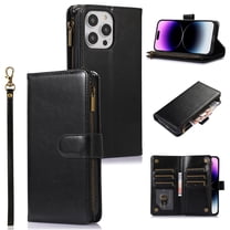 ELEHOLD for iPhone 15 Pro Wallet Case with 9 Card Holders Zipper Pocket Kickstand Soft PU Leather Flip Shockproof Protective Cover with Wrist Strap Business Style for Women Men,black
