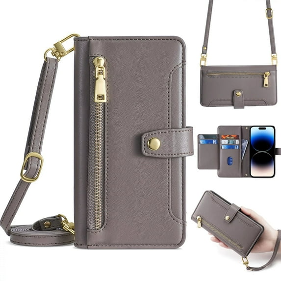 ELEHOLD for iPhone 15 Pro Wallet Case Crossbody, Zipper Phone Case with Card Holder Large Capacity Wrist Strap Leather Purse Cover for Women Men for iPhone 15 Pro -6.1 Inch,Gray