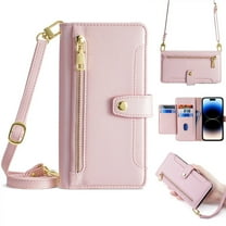 ELEHOLD for iPhone 15 Pro Wallet Case Crossbody, Zipper Phone Case with Card Holder Large Capacity Wrist Strap Leather Purse Cover for Women Men for iPhone 15 Pro -6.1 Inch,Pink