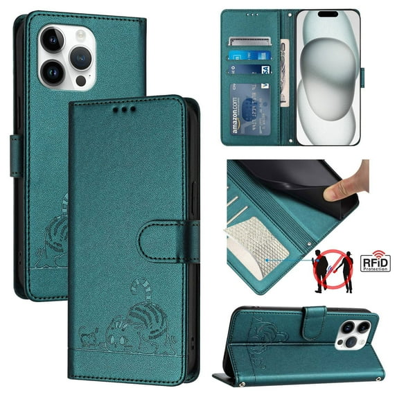 ELEHOLD for iPhone 15 Pro Wallet Case, Embossed Cat PU Leather RFID Blocking Credit Card Slot Kickstand Support Wireless Charging Shockproof Case with Crossbody Strap for iPhone 15 Pro,Darkgreen
