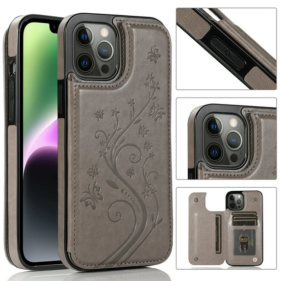 ELEHOLD for iPhone 15 Pro Wallet Case, Flower Embossed Pattern Magnetic Button Card Holders PU Leather Cover Kickstand Function Shockproof Protective Case for iPhone 15 Pro, Gray