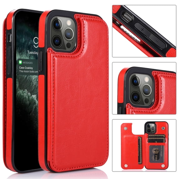 ELEHOLD for iPhone 15 Pro Wallet Case , Ultra Slim Luxury Premium Leather Card Holder Kickstand Shockproof Magnetic Clasp Protective Case for iPhone 15 Pro,Red