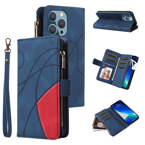 ELEHOLD for iPhone 15 Pro Wallet Case Zipper Pocket Large Capacity Card Slots Flip Stand Magnetic Phone Cover design for iPhone 15 Pro 6.1 Inch with Wrist Strap Purse Case, Blue