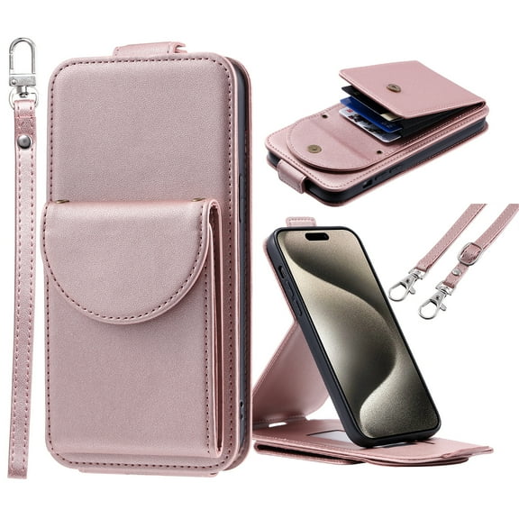 ELEHOLD for iPhone 15 Pro Wallet Crossbody Case Premium PU Leather Organ Card Slots Magnetic Closure Detachable Wrist Lanyard Shoulder Strap Flip Shockproof iPhone 15 Pro Cover,Rosegold