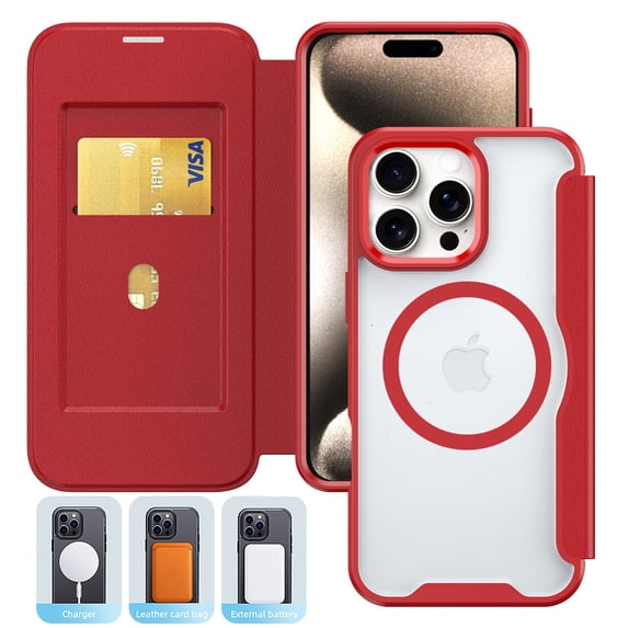 ELEHOLD for iPhone 15 Pro Wallet case, Compatible with Mag safe Accessory Folio Leather Card Holder Shockproof Full Protective Wallet Case for iPhone 15 Pro,Red