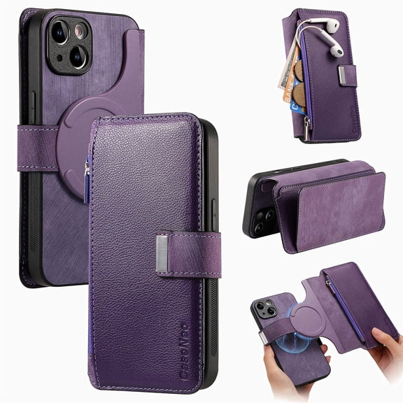 ELEHOLD for iPhone 15 Pro Zipper Wallet Case,Magnetic Detachable RFID Flip Card Slots Stand Function Shockproof Full Protective Leather Case for iPhone 15 Pro,Purple