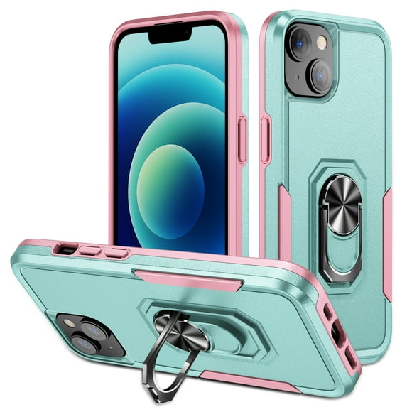 ELEHOLD for iPhone 15 Rugged Case 360° Rotating Metal Ring Stand Kickstand Function Support Magnetic Car Mount Holder Shockproof Protective Case for iPhone 15,Green/Pink
