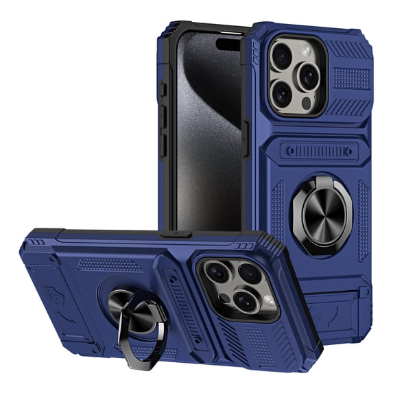 ELEHOLD for iPhone 15 Rugged Hard Case with Metal Ring Holder Kickstand Work with Magnetic Car Mount Hidden Card Slot Pocket Shockproof Anti-Drop Armor Protective Cover,Blue