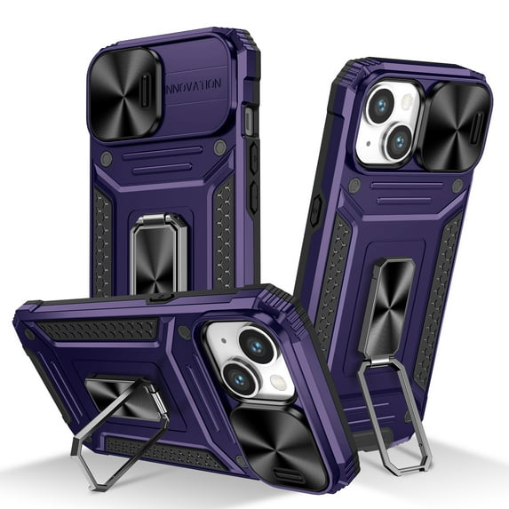 ELEHOLD for iPhone 15 Rugged Heavy Duty Case,with Slide Camera Lens Protector Rotating Ring Holder Kickstand Work with Magnetic Car Mount Holder Shockproof Case for iPhone 15,Purple