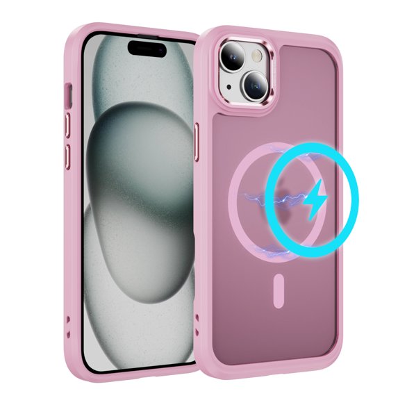 ELEHOLD For iPhone 15 Slim Shockproof Case, Skin-Friendlyp. Rugged Cover, MagSafe Compatible, Non-Slip, Raised Edges For Cam & Screen Protection, Pink