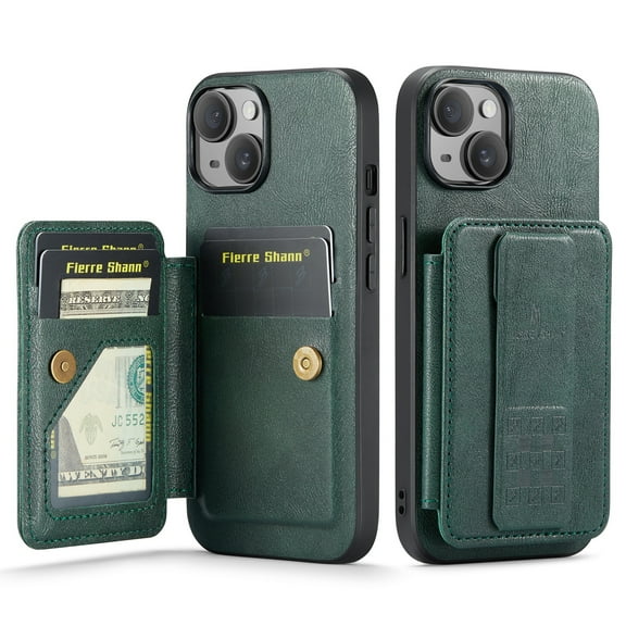 ELEHOLD for iPhone 15 Wallet Back Case,RFID Blocking Flip Card Holders Strong Magnetic Retractable Wristband Strap Stand Function Shockproof Protective iPhone 15 Cover,Green