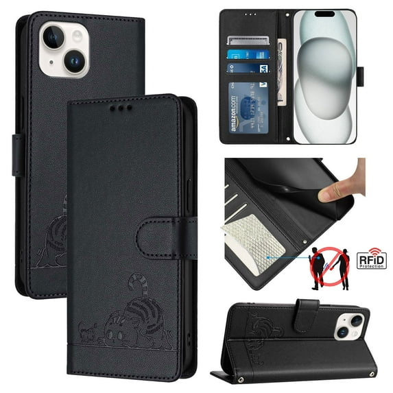 ELEHOLD for iPhone 15 Wallet Case, Embossed Cat PU Leather RFID Blocking Credit Card Slot Kickstand Support Wireless Charging Shockproof Case with Crossbody Strap for iPhone 15,Black