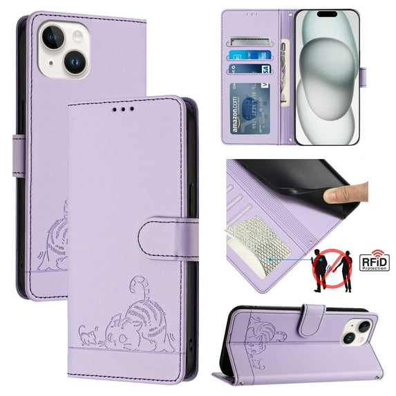 ELEHOLD for iPhone 15 Wallet Case, Embossed Cat PU Leather RFID Blocking Credit Card Slot Kickstand Support Wireless Charging Shockproof Case with Crossbody Strap for iPhone 15,Purple