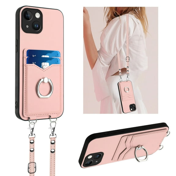 ELEHOLD for iPhone 15 Wallet Case,Soft PU Leather 360°Rotation Ring Kickstand Card Holder Anti-Drop Shockproof Protective Case with Crossbody Strap for iPhone 15,Rosegold