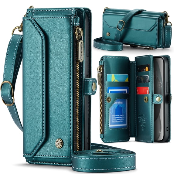 ELEHOLD for iPhone 15 Wallet Case,Support Wireless Charging PU Leather RFID Blocking Card Holder Kickstand Flip Shockproof Protective Case with Crossbody Wristlet Strap for iPhone 15,Green