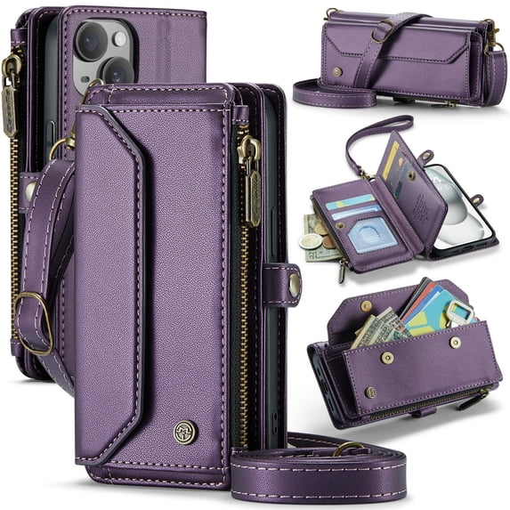 ELEHOLD for iPhone 15 Wallet Case,Support Wireless Charging PU Leather RFID Blocking Card Holder Kickstand Flip Shockproof Protective Case with Crossbody Wristlet Strap for iPhone 15,Purple